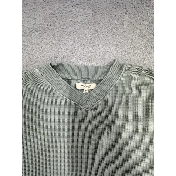 Madewell Waffle Knit Boxy Sweatshirt Tee V Neck Shirt Cozy Green Size XS - Picture 7 of 7